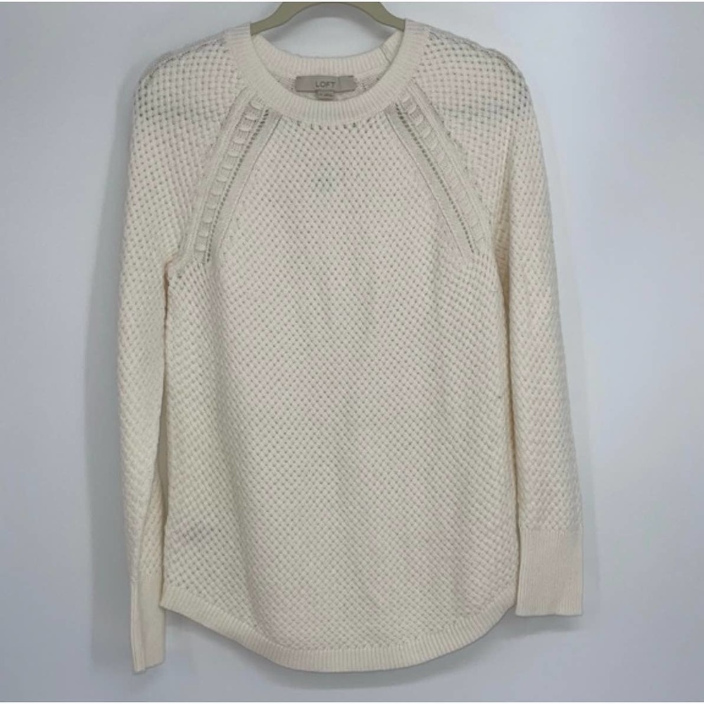 LOFT CREAM BRAIDED DESIGN COTTON WOOL BLEND PULLOVER SWEATER TOP MEDIUM
